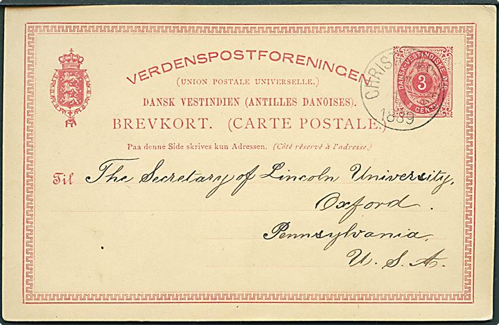 3 cents helsagsbrevkort stemplet Christiansted d. 19.11.1889 til Oxford, USA. Lille hjørneknæk.