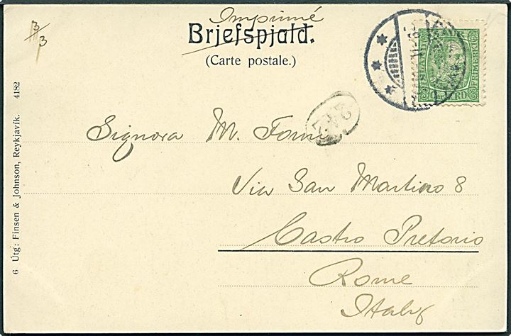 5 aur Chr. IX brevkort (Almannagja) sendt som tryksag fra Reykjavik d. 9.2.1905 til Rom, Italien.