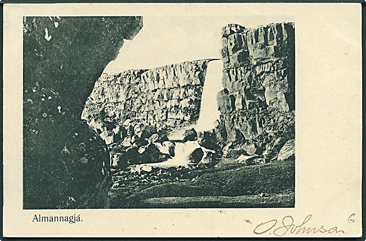 5 aur Chr. IX brevkort (Almannagja) sendt som tryksag fra Reykjavik d. 9.2.1905 til Rom, Italien.