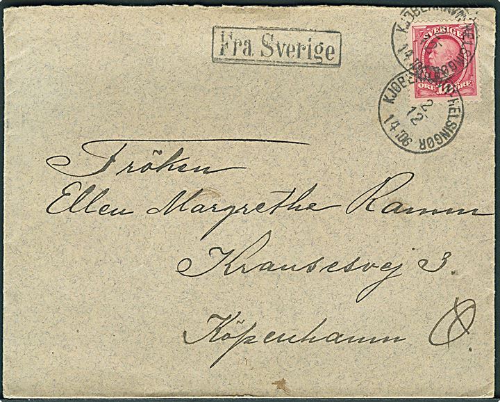 10 öre Oscar på brev annulleret med dansk bureau lapidar stempel Kjøbenhavn - Helsingør d. 2.12.189(3?) og sidestemplet Fra Sverige til København, Danmark.