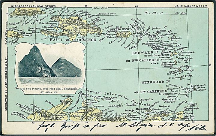 St. Lucia, B.W.I. Landkort og Two Pitons. John Walker & Co. no. 854. Anvendt Castries St. Lucia 1910. Kvalitet 7