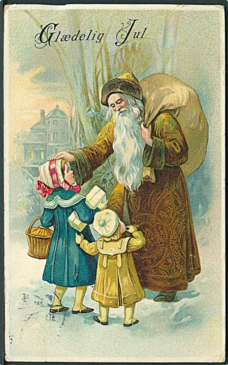 Glædelig Jul. Julemanden i brun kåbe med gaver til børnene. U/no. 