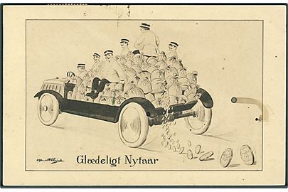 Carl Røgind: Glædeligt Nytaar. Automobil med postbude og pengesække. Stenders, serie 232.