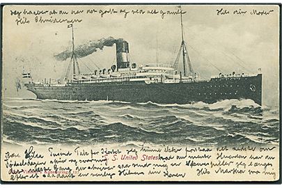 United States, S/S, Skandinavien Amerika Linie. A. Vincent no. 127. Frankeret med 5 øre Våben annulleret med skibsstempel Fra Rønne og sidestemplet Kjøbenhavn d. 12.5.1905.