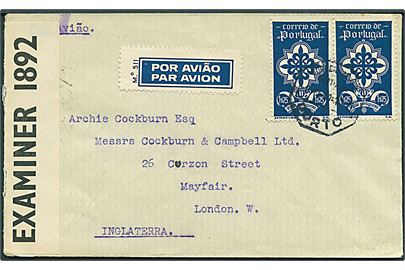 1$75 i parstykke på luftpostbrev fra Oporto 1940 via Lissabon til London, England. Åbnet af britisk censur PC90/1892.