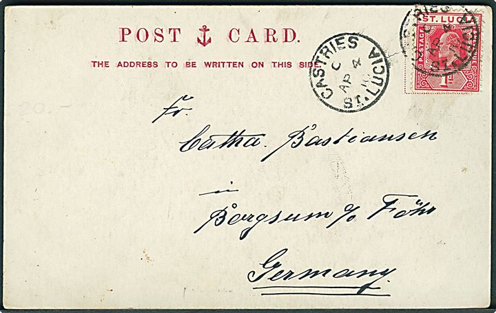 St. Lucia, B.W.I. Landkort og Two Pitons. John Walker & Co. no. 854. Anvendt Castries St. Lucia 1910. Kvalitet 7