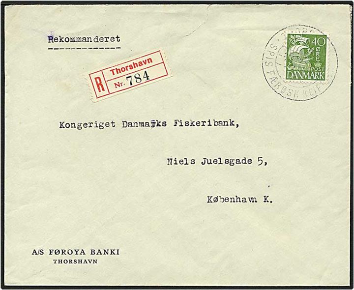 40 øre karavel type I på anbefalet brev sendt fra Thorshavn d. 8.12.1937 til København, annulleret med reklamestempel Spis Færøsk Klipfisk.