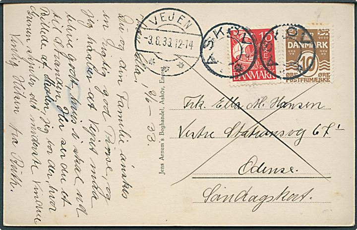 10 øre Bølgelinie og 15 øre Karavel på brevkort (Askov Højskole) sendt som søndagsbrevkort og annulleret med udslebet stjernestempel ASKOV og sidestemplet Vejen d. 3.6.1933 til Odense.