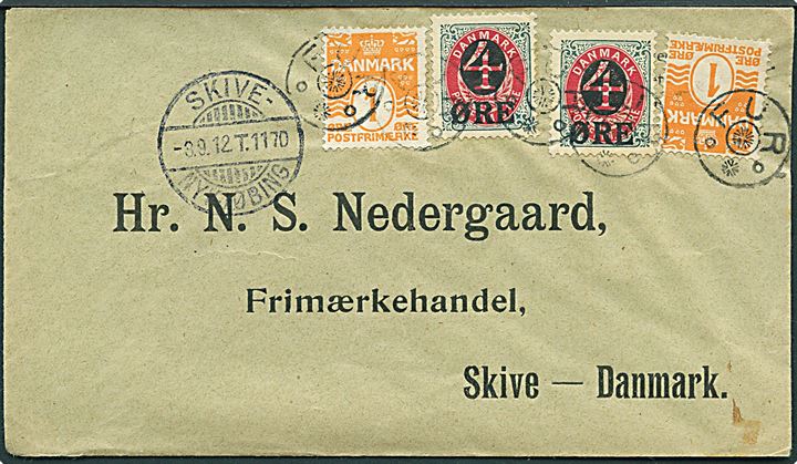 1 øre Bølgelinie og 4/8 øre Provisorium vm. II på brev annulleret med stjernestempel FUR og sidestemplet Skive - Nykjøbing T.1170 d. 8.9.1912 til Skive.