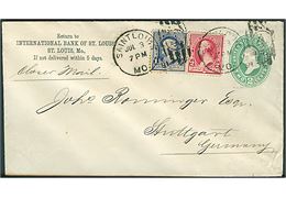 2 cents helsagskuvert opfrankeret med 1 cent og 2 cents fra Saint Louis d. 3.7.1891 til Stuttgart, Tyskland. Påskrevet Closed Mail. 