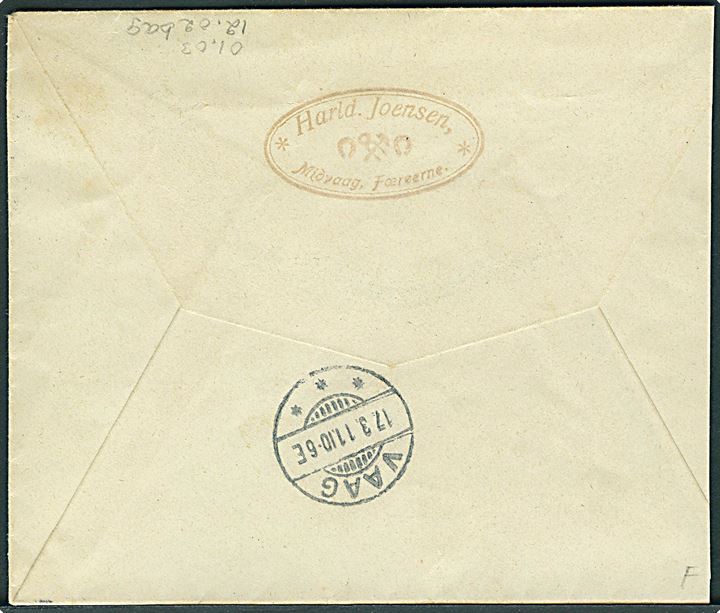 10 øre Fr. VIII på brev stemplet Thorshavn d. 14.3.1911 til Vaag. På bagsiden tydeligt brotype Ia Vaag ank.stempel d. 17.3.1911.