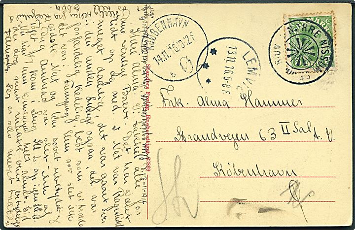 5 øre Chr. X på brevkort annulleret med stjernestempel NØRRE NISSUM SEMINARIUM og sidestemplet Lemvig d. 13.11.1916 til Kjøbenhavn.