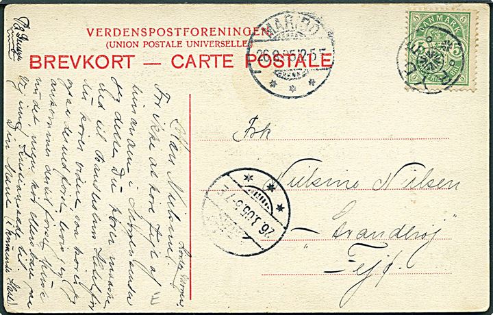 5 øre Våben på brevkort annulleret med stjernestempel RYDE og sidestemplet Maribo d. 26.8.1905 til Fejø.