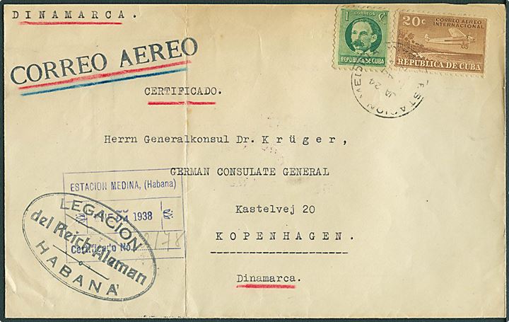 21 c. blandingsfrankeret fortrykt kuvert fra den tyske legation sendt som anbefalet luftpost fra Havana d. 24.1.1938 via Miami og New York til tyske general konsul i København, Danmark. Lodret fold. 