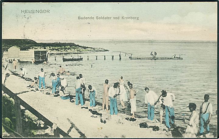 Badende Soldater ved Kronborg, Helsingør. Oscar Schmidts Forlag no. 3985.