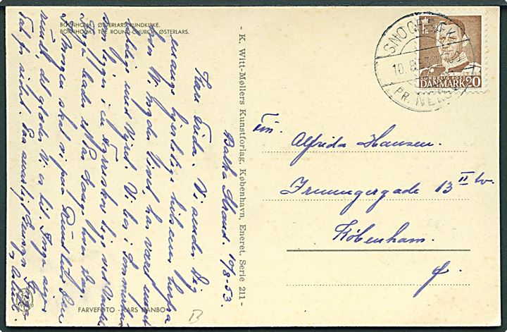 20 øre Fr. IX på brevkort annulleret med pr.stempel Snogebæk pr. Neksø d. 10.8.1953 til København.