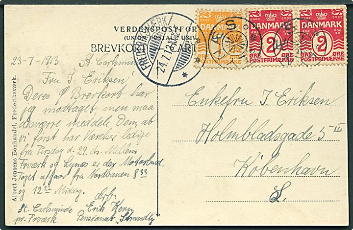 1 øre og 2 øre (par) Bølgelinie på brevkort (Store Karlsminde ved Lynæs) dateret St. Carlsminde og annulleret med stjernestempel LYNÆS og sidestemplet Frederiksværk d. 24.7.1913 til København.