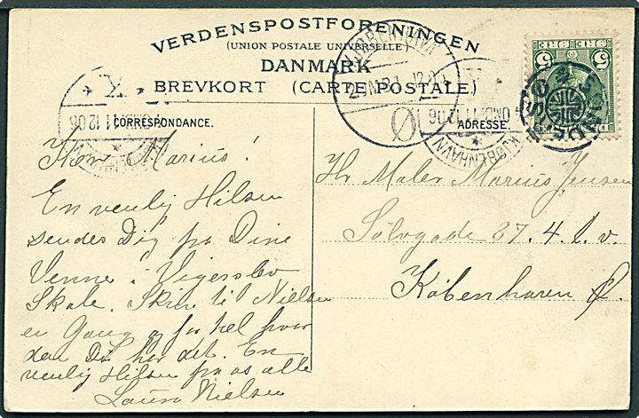 5 øre Chr. IX på brevkort annulleret med stjernestempel SØNDERSØ til København. Ank.stemplet Kjøbenhavn d. 11.12.1906.