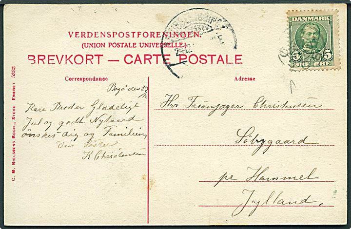 5 øre Fr. VIII på brevkort annulleret med stjernestempel BOGØ og sidestemplet med svagt Stubbekjøbing d. 24.12.190x til Hammel.