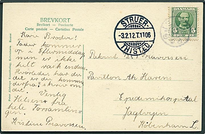 5 øre Fr. VIII på brevkort annulleret med svagt stjernestempel GJETTERUP og sidestemplet Struer - Thisted T.1106 d. 3.2.1912 til København.