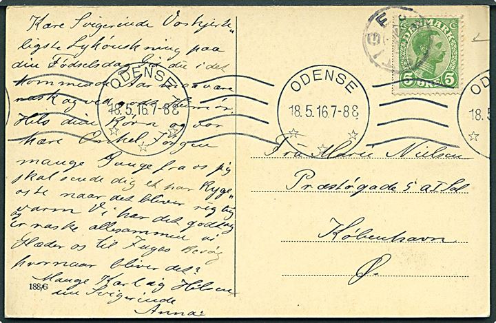 5 øre Chr. X på brevkort annulleret med stjernestempel STIGE og sidestemplet Odense d. 18.5.1916 til København.