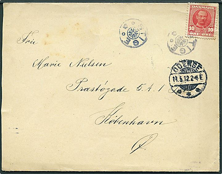 10 øre Fr. VIII på brev annulleret med stjernestempel STIGE og sidestemplet Odense d. 11.5.1912 til København.