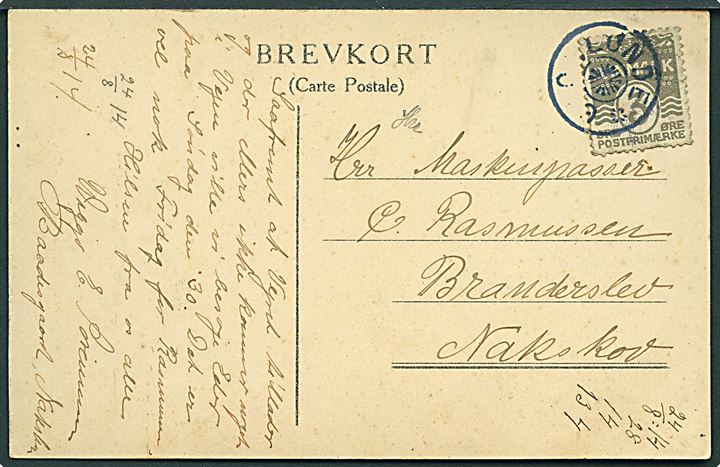 3 øre Bølgelinie på lokalt brevkort dateret Baadsgaard d. 24.8.1914 annulleret med stjernestempel GLOSLUNDE til Branderslev pr. Nakskov.