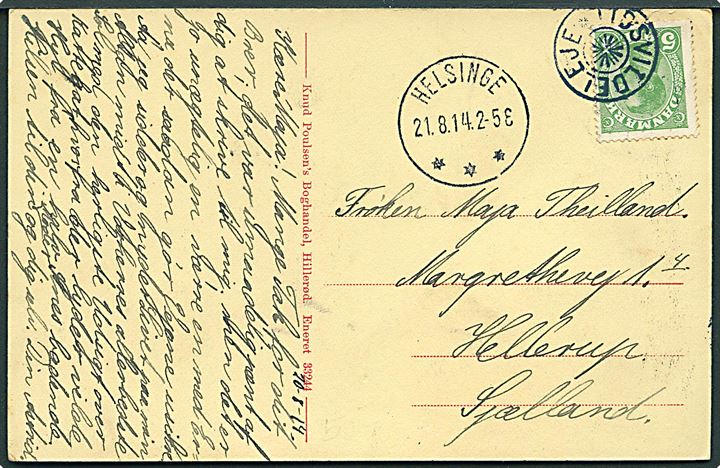 5 øre Chr. X på brevkort (Parti fra Tisvildeleje) annulleret med stjernestempel TIDSVILDELEJE og sidestemplet Helsinge d. 21.8.1914 til Hellerup. Tidsvildeleje var sommerbrevsamlingssted 1907-1923.