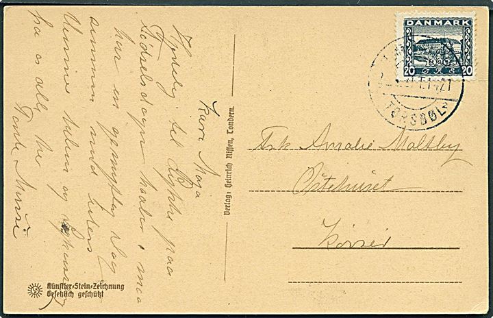 20 øre Genforening på brevkort annulleret med svagt bureaustempel Tønder - Tinglev - Tørsbøl sn2 T.1421 d. 2x.x.1921 til Korsør. Mystisk stempel benyttet af Tønder personale på strækningen Sønderborg-Tønder indtil 1924.