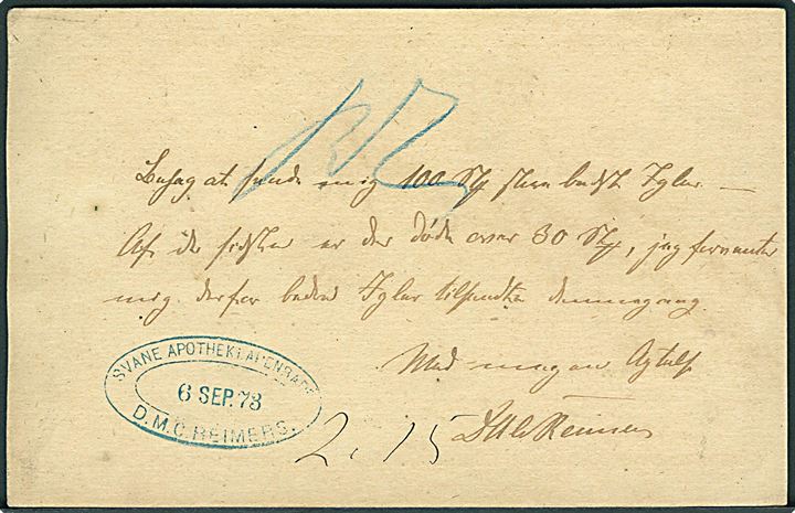 ½ gr. helsagsbrevkort annulleret med håndskrevet bynavn “Apenrade” d. 6.9.1873 til Hamburg.