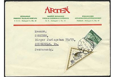 100 filler porto på brev fra Budapest d. 30.11.1953 til Stockholm, Sverige. Frimærke med fugle.