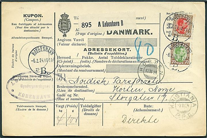 70 øre og 90 øre Chr. X på internationalt adressekort for pakke fra Kjøbenhavn B. d. 6.2.1924 via Kristiania til Horten, Norge. 