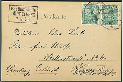 5 pfg. Germania (2) på brevkort (H. F. Kaatmann: Hilsen fra Dybböl-Bakke)  stemplet Sonderburg d. 7.6.1901 og sidestemplet Posthülfstelle Düppelberg d. 7.6.1901 til Hamburg-Eilbeck. 