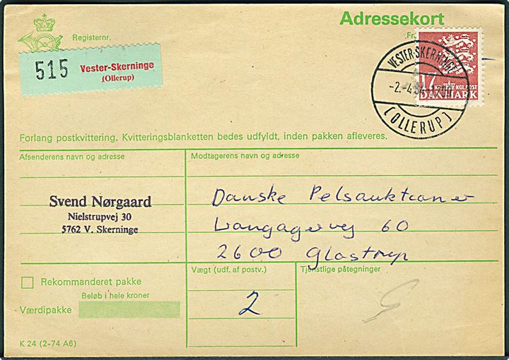 17 kr. Rigsvåben single på adressekort for pakke annulleret med parentes stempel Vester-Skerninge (Ollerup) d. 2.4.1984 til Glostrup.
