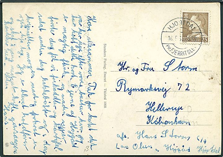 25 øre Fr. IX på brevkort (Hanstholm Fyr) annulleret med pr.-stempel Hjortdal pr. Fjerritslev d. 16.5.1963 til København.