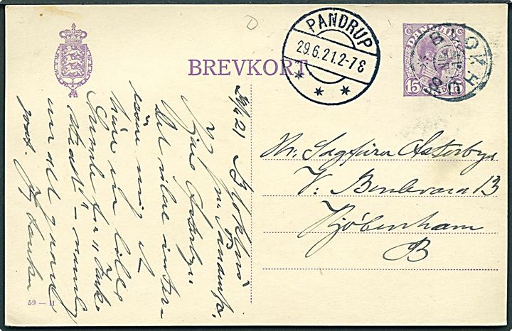15 øre Chr. X helsagsbrevkort (fabr. 59-H) annulleret med stjernestempel Blokhus og sidestemplet Pandrup d. 29.6.1921 til København.