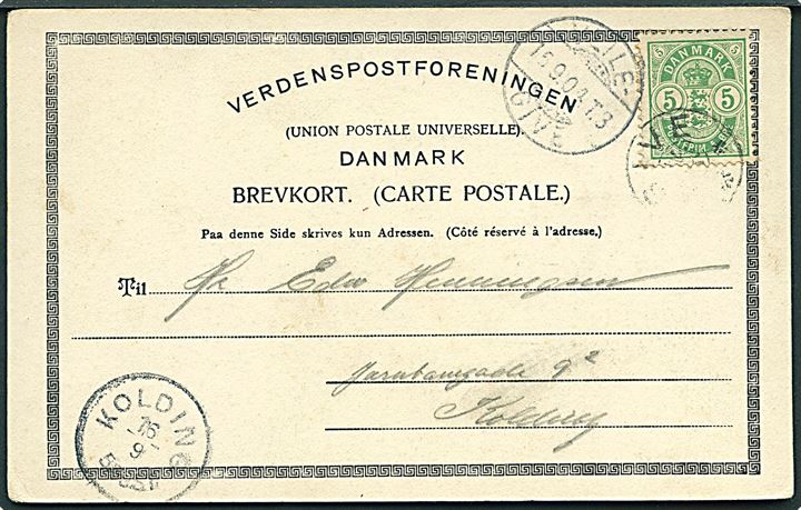 5 øre Våben på brevkort annulleret med stjernestempel GIVE og sidestemplet med bureau Veile - Give T.3 d. 15.9.1904 til Kolding. Ank.stemplet med lapidar Kolding d. 16.9.1904.