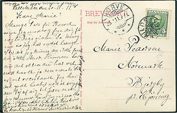 5 øre Fr. VIII på brevkort annulleret med stjernestempel VALLEKILDE og sidestemplet Hørve d. 23.11.1911 til Bjergby pr. Hjørring.