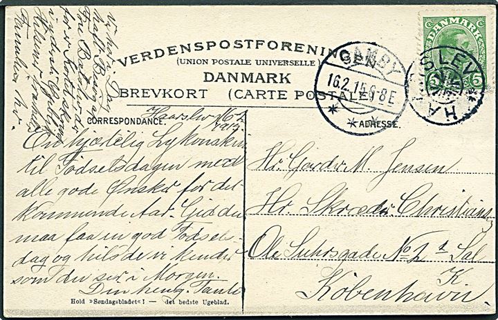 5 øre Chr. X på brevkort annulleret med stjernestempel HAARSLEV (type III) og sidestemplet Gamby d. 16.2.1915 til København.