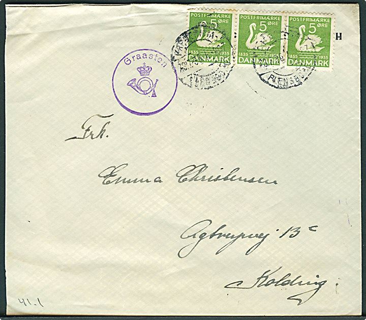 5 øre H. C. Andersen på brev annulleret med uldent bureaustempel Fredericia - Flensborg T.907 d. 20.7.1936 og sidestemplet med posthornstempel Graasten til Kolding.