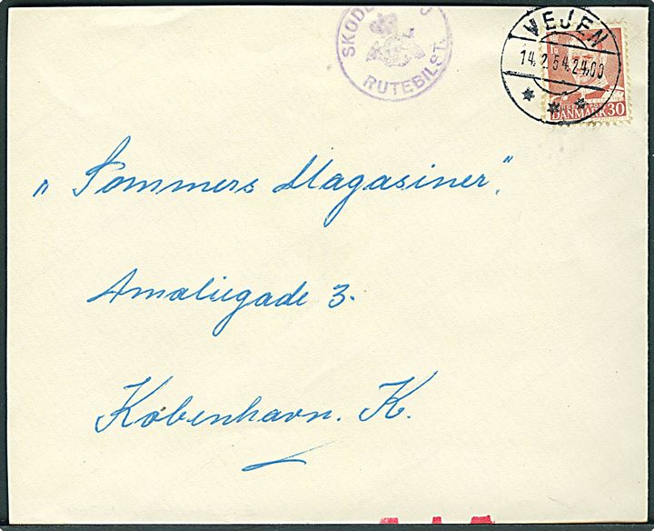 30 øre Fr. IX på brev annulleret Vejen d. 14.2.1954 og sidestemplet med posthornstempel SKODBORG J RUTEBILST. til København. Røde ombæringskontrolstreger. 