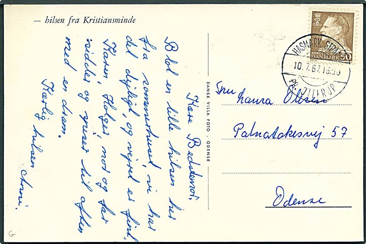 50 øre Fr. IX på brevkort (Strandparti) annulleret med pr.-stempel Hasmark Strand pr. Otterup d. 10.7.1967 til Odense. Hasmark Strand var et sommerbrevsamlingssted.