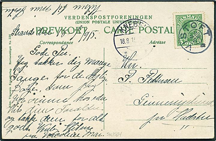 5 øre Chr. X på brevkort dateret Strands annulleret med stjernestempel VISTOFT og sidestemplet Knebel d. 18.8.1915 til Hadsten.