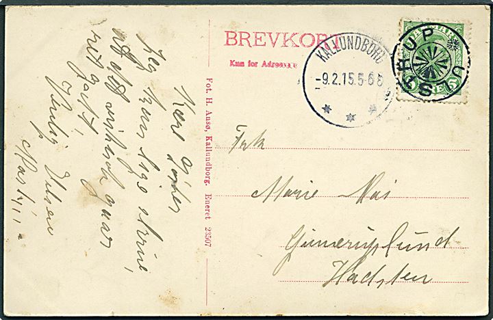 5 øre Chr. X på brevkort (Refsnæsgaarden) annulleret med stjernestempel ULSTRUP og sidestemplet Kallundborg d. 9.2.1915 til Hadsten.