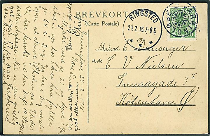 5 øre Chr. X på brevkort annulleret med stjernestempel FARRINGLØSE og sidestemplet Ringsted d. 21.2.1916 til København.