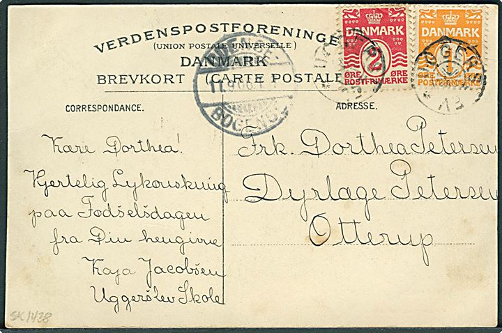 1 øre og 2 øre Bølgelinie på lokalt brevkort (Mulernes Legatskole, Odense) annulleret med stjernestempel UGGERSLEV og sidestemplet med bureau Odense - Bogense T.7 d. 11.9.0906 til Otterup.
