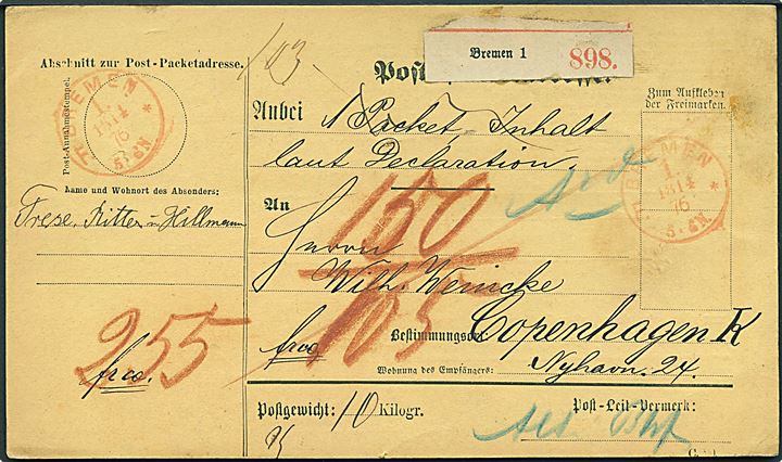 Ufrankeret adressekort for pakke med rødt franko stempel Bremen 1. F. d. 15.4.1876 til København, Danmark.  