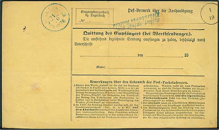 Ufrankeret adressekort for pakke med rødt franko stempel Bremen 1. F. d. 15.4.1876 til København, Danmark.  