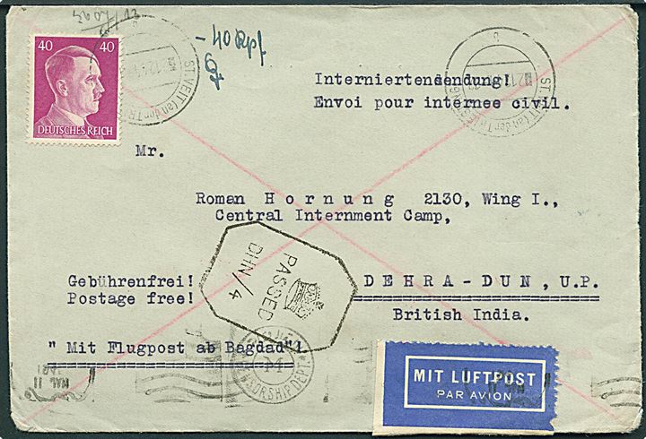 40 pfg. Hitler som luftposttillæg på ufrankeret interneret forsendelse fra St. Veit d. 2.12.1944 via Cairo til tysk interneret Roman Hornung i Central Internment Camp, Dehra-Dun, Indien. Både tysk og indisk censur.