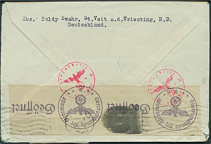 40 pfg. Hitler som luftposttillæg på ufrankeret interneret forsendelse fra St. Veit d. 2.12.1944 via Cairo til tysk interneret Roman Hornung i Central Internment Camp, Dehra-Dun, Indien. Både tysk og indisk censur.